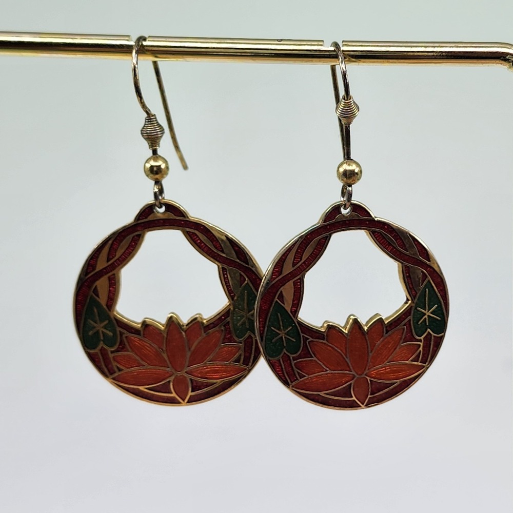 Gold Tone Cloisonne Style Lotus Flower Dangle Earrings Enamel Boho Floral Gift